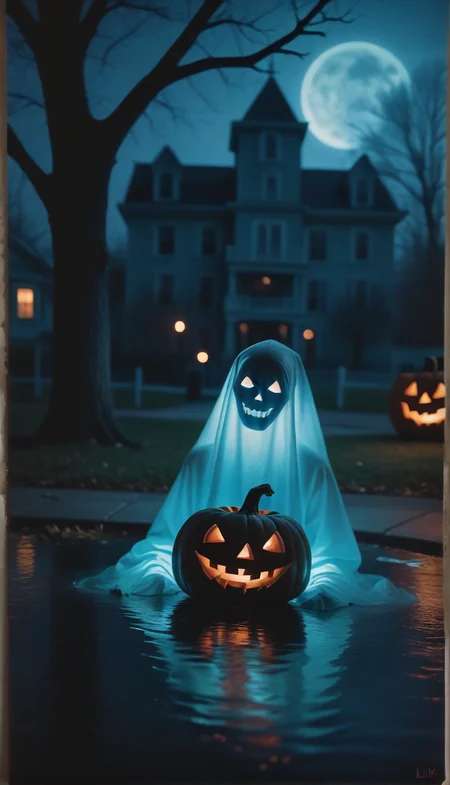 Stable_Yogis_PDXL_Positives score_9, score_8_up, score_7_up, score_6_up, hllwn, halloween, vintage, ghost costume, no humans, ghost, tree, halloween, bare tree, outdoors, signature, water, building, traditional media