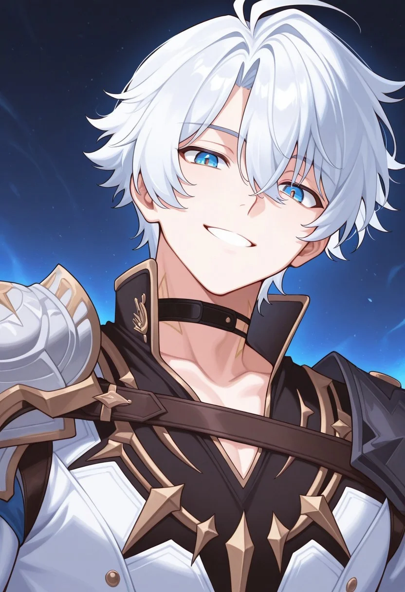 masterpiece,best quality,amazing quality, source_anime, 
Phainonhsr, 1boy, male focus, solo, blue eyes, white hair, black choker, neck tatto, shoulder armor, shirt, black shirt, coat, white coat, smile, looking at viewer,