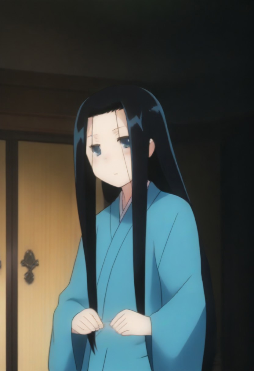 Masterpiece, Top Quality, source_anime, anime screencap, source_anime, auratheguillotine, anime screencap, masterpiece, source_anime, shiny skin,,,,anrakutei, blue_eyes, black_hair, very_long_hair, blue_kimono, long_sleeves, wide_sleeves,