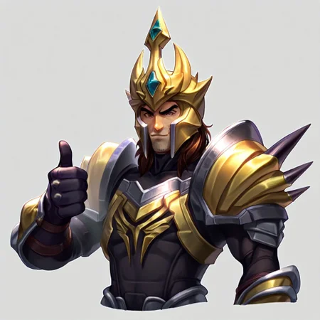 ((Detailed, masterpiece, high quality, best quality)), upper body, solo male, jarvan, helmet, armor, Black skinsuit, medium hair, (thumbs up), simple background, ,