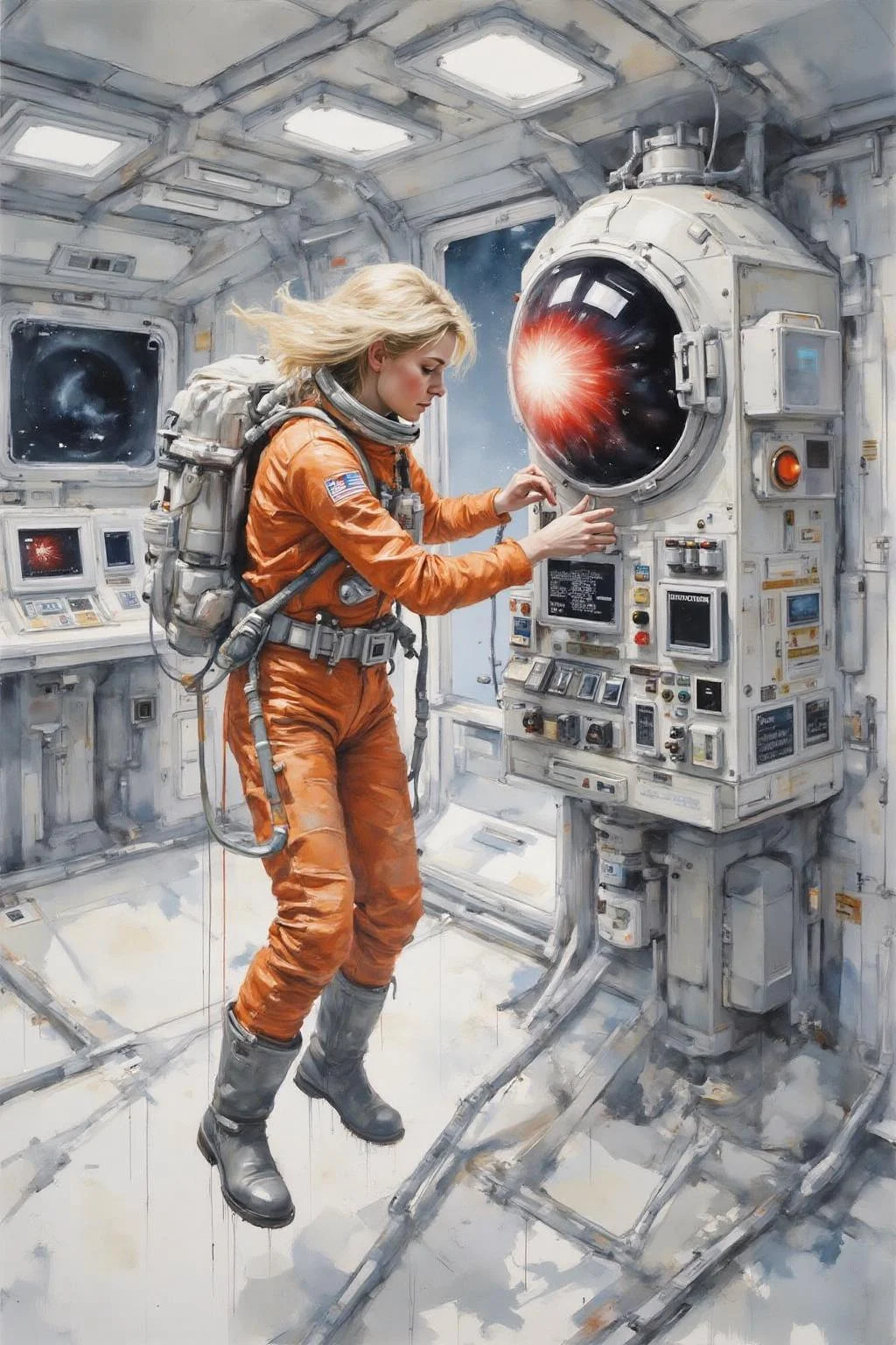 yawc1 watercolor.
Overhead sideview of a blonde woman dressed in a orange spacesuit and heavy boots, is carefully re-enacting the iconic scene from 2001: A Space Odyssey where David Bowman deactivates HAL 9000. Floating weightless on one side of a vast empty spacecraft, she methodically removes the components of the HAL 9000 interface, one piece at a time. The setting is tense and sterile, with bright lighting reflecting off the white sterile surfaces, capturing the eerie, unsettling atmosphere of the original scene. The red glow of HAL's eye slowly fades as the scene unfolds, highlighting the dramatic tension between human and machine <lora:yawcolor_nocap_d4a2:1.0><lora:798377593897350816:0>