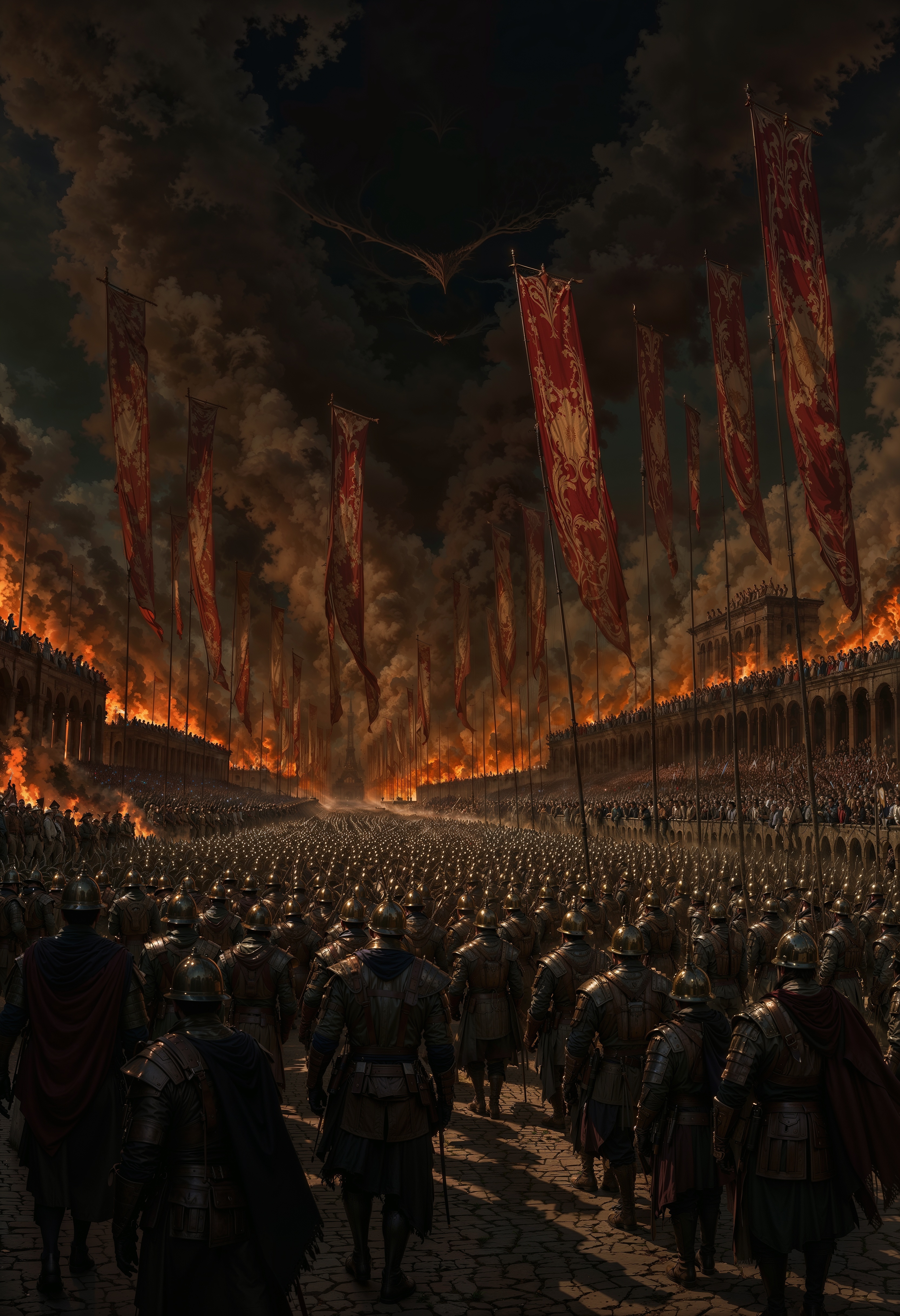 a dramatic, cinematic-style digital artwork depicting a medieval battlefield scene. The layout is dynamic, with a large group of armored soldiers advancing towards the viewer, their backs turned. The soldiers are clad in metallic armor and helmets, carrying round shields and spears. The scene is set against a backdrop of smoke and fire, with flames and embers casting an orange glow across the battlefield. Tall, tattered banners rise above the soldiers, adding to the sense of movement and chaos. The sky is dark and ominous, enhancing the dramatic atmosphere. The overall color palette is dominated by dark tones, with contrasting fiery highlights, creating a sense of intensity and urgency.