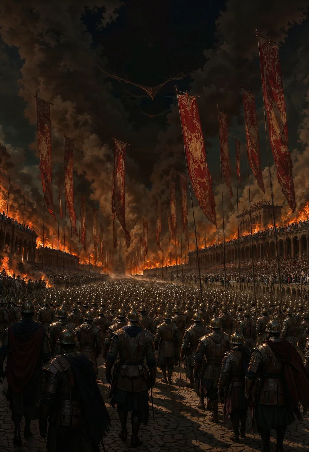 a dramatic, cinematic-style digital artwork depicting a medieval battlefield scene. The layout is dynamic, with a large group of armored soldiers advancing towards the viewer, their backs turned. The soldiers are clad in metallic armor and helmets, carrying round shields and spears. The scene is set against a backdrop of smoke and fire, with flames and embers casting an orange glow across the battlefield. Tall, tattered banners rise above the soldiers, adding to the sense of movement and chaos. The sky is dark and ominous, enhancing the dramatic atmosphere. The overall color palette is dominated by dark tones, with contrasting fiery highlights, creating a sense of intensity and urgency.