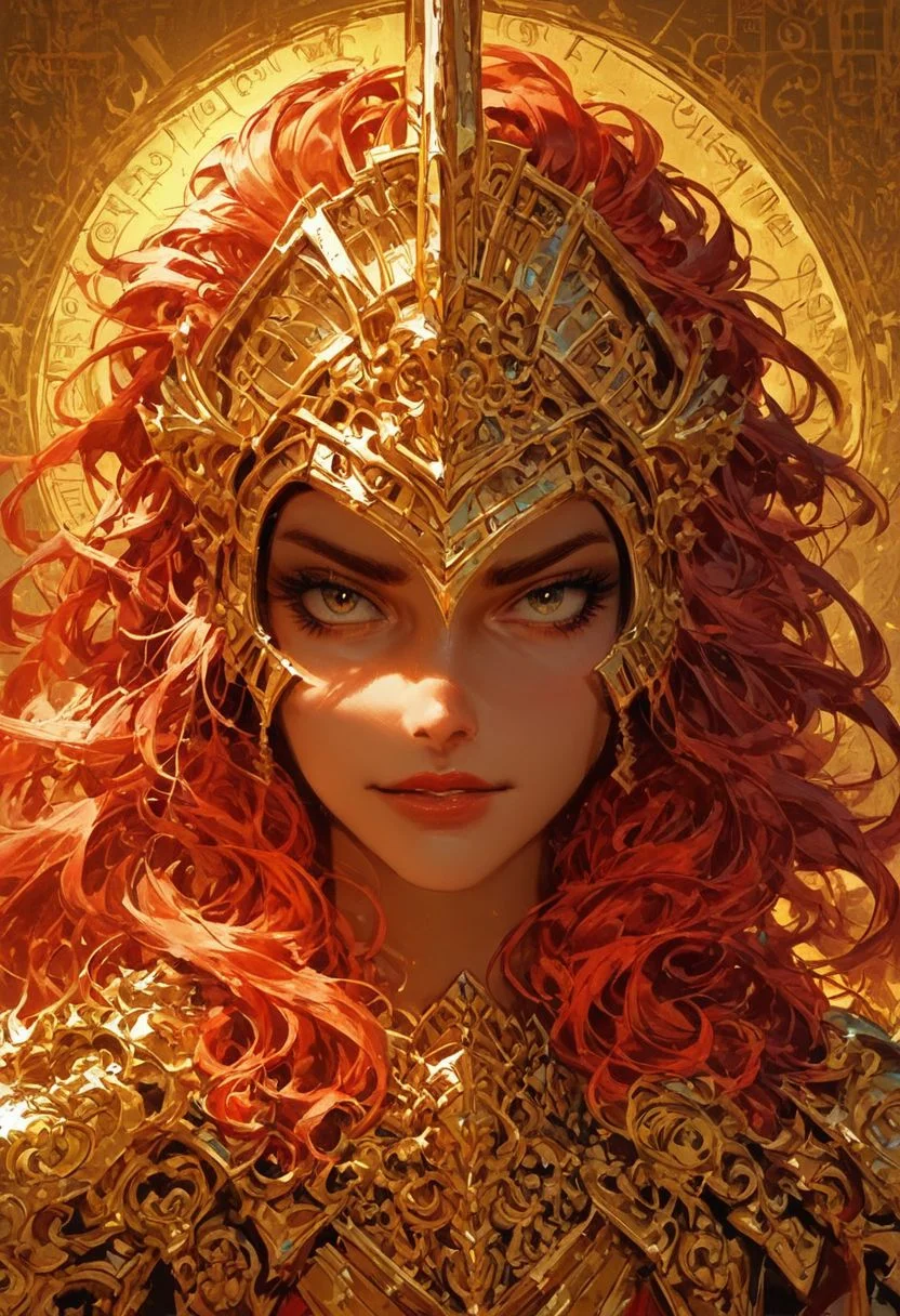 score_9, score_8_up, score_8, Holy knight, ornate golden armor, ((holy light emanating from armor)), flaming spear, (mirrored shield), golden lion armor, lion pauldrons, helmet, bright red horsehair streaming from helmet, ((very aesthetic background, glorious city, lit by golden sunlight, golden hour)), ((rough sketch concept art))