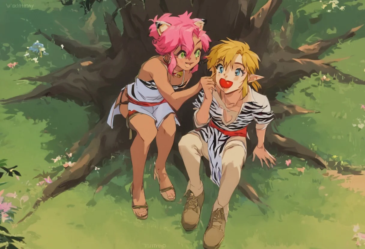 score_9, score_8_up, score_7_up, score_6_up, Masterpiece, source_anime screenshot, duo, 1 girl, 1 boy, vivid colors, retro anime style, high-res, beautiful aesthetic, very intricate, high-quality details, vibrant, highly detailed, award-winning, professional, <lora:pink-ponyxl-v2:1>, open mouth smile, single fang showing, sleeveless dress, white tiger print dress, pelvic curtain, cleavage, white cat ears, cat bell necklace, bright pink hair, tanned, white tiger tail, red sash, small breasts, leather shoes, detailed eyes, green eyes, detailed face, BREAK score_9, score_8_up, score_7_up, score_6_up, Masterpiece, source_anime, 1 girl, 1 boy, vivid colors, anime style, high-res, beautiful aesthetic, very intricate, high-quality details, vibrant, highly detailed, award-winning, professional, <lora:link:0.8> link1, link, soft smile, pointy ears, blonde hair, blue eyes, medium hair, side locks, earrings, short ponytail, blue hylian tunic
Break
Hyrule field, legend_of_zelda, trees, grass, flowers, river, pink and link eating apples, under a big apple tree, sitting under the tree, looking at each other happily