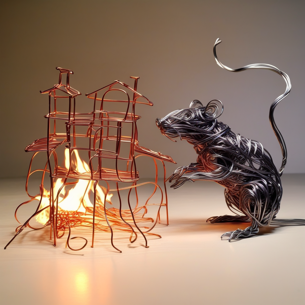 wirex wire sculpture  rat in the background, burning houses, destroyed cars, darkness, flames <lora:wirex:0.8>