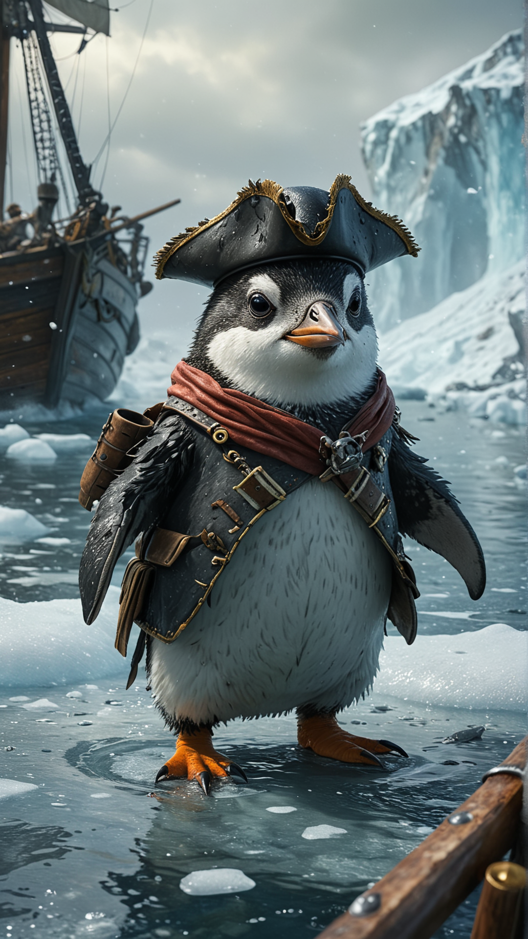 A penguin in a pirate outfit, leading a ship of penguin pirates through icy waters, shouting commands and looking through a telescope. (masterpiece, award winning artwork)
many details, extreme detailed, full of details,
Wide range of colors, high Dynamic
 <lora:add-detail-xl:1>
 <lora:WildcardX-XL-Detail-Enhancer:1>
<lora:MJ52:0.375>
 <lora:CinematicStyle_v1:0.42>