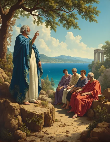,  <lora:Flux_-_Renaissance_art_style:1>
In a striking classical oil painting, an esteemed Greek philosopher stands atop a weathered limestone boulder, addressing a small group of wealthy Athenian students who sit in rapt attention beneath the shade of a sprawling ancient olive tree. The midday Mediterranean sun bathes the scene in golden light, casting long, dappled shadows across the dry, rocky terrain. His flowing chiton, a fine garment of soft white linen, billows gently in the warm summer breeze, its edges embroidered with delicate golden meandersâa subtle mark of his wisdom and status. Draped over one shoulder, a deep blue himation, worn and heavy, signifies both intellect and the weight of philosophical thought.
His weathered face, framed by cascading curls of silver hair, is alive with intensity as he gestures grandly with one hand, while the other clutches a scroll of parchment filled with profound writings. His deep-set eyes gleam with conviction, his booming voice carrying across the landscape as he expounds on the nature of virtue, reason, and the soul.
The aristocratic students, draped in elegant dyed himations of deep crimson and royal purple, sit upon scattered marble slabs and broken columnsâremnants of an earlier civilization. Some listen intently, stroking their neatly groomed beards, while others thoughtfully trace geometric patterns into the sunbaked earth with their sandals. One young man, a silver goblet of diluted wine resting beside him, leans forward with an expression of both admiration and skepticism.
Beyond them, the idyllic Greek island landscape unfoldsâa breathtaking backdrop of rolling hills, distant whitewashed villas, and a glimmering expanse of the Aegean Sea, its sapphire waves sparkling beneath the cloudless sky. A small fishing boat drifts lazily near the rocky coastline, the scent of salt air, wild thyme, and crushed olives carried on the warm breeze.
The moment captures a timeless essence: the pursuit of wisdom and knowledge, framed within the grandeur of ancient Greece, where philosophy is not merely spoken but lived and breathed beneath the sunlit sky.