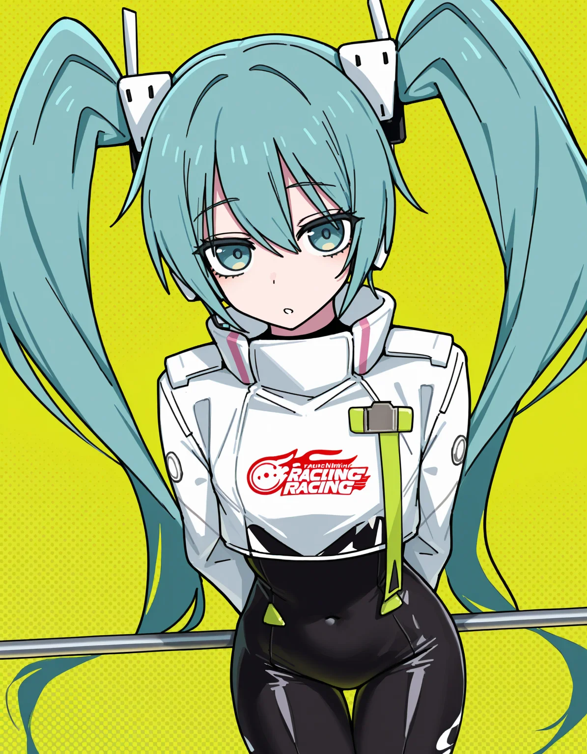 hatsune miku, racing miku, 1girl, solo, long hair, looking at viewer, blue eyes, long sleeves, holding, very long hair, twintails, cowboy shot, parted lips, aqua hair, bodysuit, thigh gap, cropped jacket, black bodysuit, pole, 
green yellow background, dotted background, full body, arms behind back, racing flag holding,
rating safe, caststation illu,
masterpiece, best quality, amazing quality, highres, newest,  <lora:[illustrious]_caststation_illustration_v1_(MikuMasterRace):1.0>