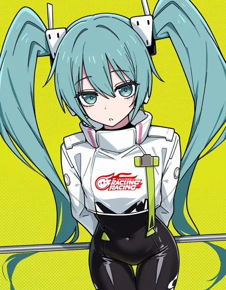 hatsune miku, racing miku, 1girl, solo, long hair, looking at viewer, blue eyes, long sleeves, holding, very long hair, twintails, cowboy shot, parted lips, aqua hair, bodysuit, thigh gap, cropped jacket, black bodysuit, pole, 
green yellow background, dotted background, full body, arms behind back, racing flag holding,
rating safe, caststation illu,
masterpiece, best quality, amazing quality, highres, newest,  <lora:[illustrious]_caststation_illustration_v1_(MikuMasterRace):1.0>