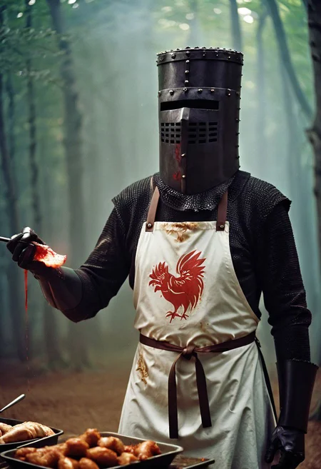 Black Knight with White apron in cooking Show, Chicken with severed head and Blood fountain, very detailed, atmospheric haze, Film grain, cinematic film still, shallow depth of field, highly detailed, high budget, cinemascope, moody, epic, OverallDetail, gorgeous, 2000s vintage RAW photo, photorealistic, candid camera, color graded cinematic, eye catchlights, atmospheric lighting, skin pores, imperfections, natural, shallow dof
