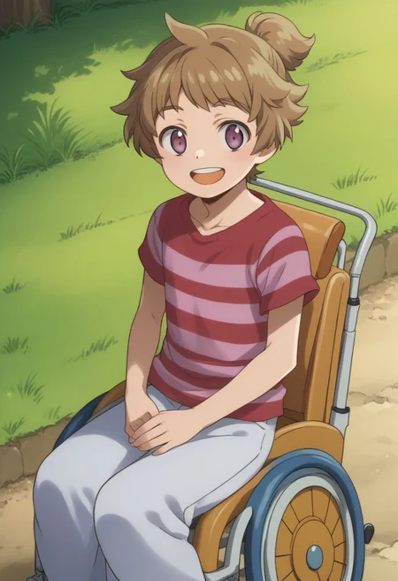 score_9, score_8_up, source_anime, highly detailed, 1boy, solo, skinny,
cute,
haruka, 1boy, male focus, solo, striped shirt, shirt, open mouth, brown hair, striped, smile, teeth, purple eyes, sit, wheelchair,
outdoor,