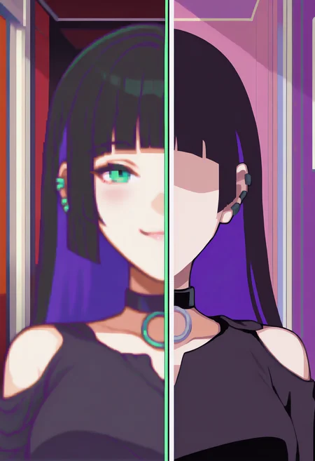 masterpiece, best quality, newest, absurdres, highres, indoors, 1girl, SplitScreen, split screen, upper body, <lora:SplitScreen_illusXL_Incrs_v1:1>, pa-san, purple colored inner hair, ear piercing, hime cut, choker, black dress, long dress, shoulder cutout, seductive smile, green eyes, <lora:FEGBA-PortraitsV2-illus_Fp:1> portrait, pixel art,
masterpiece, best quality, newest, absurdres, highres, indoors, 1girl, SplitScreen, split screen, upper body, <lora:SplitScreen_illusXL_Incrs_v1:1>, pa-san, purple colored inner hair, ear piercing, hime cut, choker, black dress, long dress, shoulder cutout, <lora:MinimalismStyle-Illustrious-V2:1> flat color, limited palette, no lineart, no eyes,