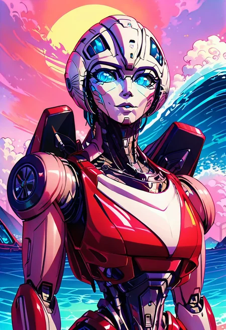 score_9, score_8_up, score_7_up, screencap, detailed eyes, looking at viewer, bust shot, white background, character sheet, multiple views, ArceeROTB, autobot, 1girl, solo, red and white body, mechanical parts, robot, helmet-like head, robotic face, glowing blue optics, wheels on back, ducati printed on right leg, autobot forehead symbol, fairing-like chest, blue eyes, narrow waist, synthwave, vaporwave, wave, lasers, sunset, synthwave-galaxy, unique pose, unique angle