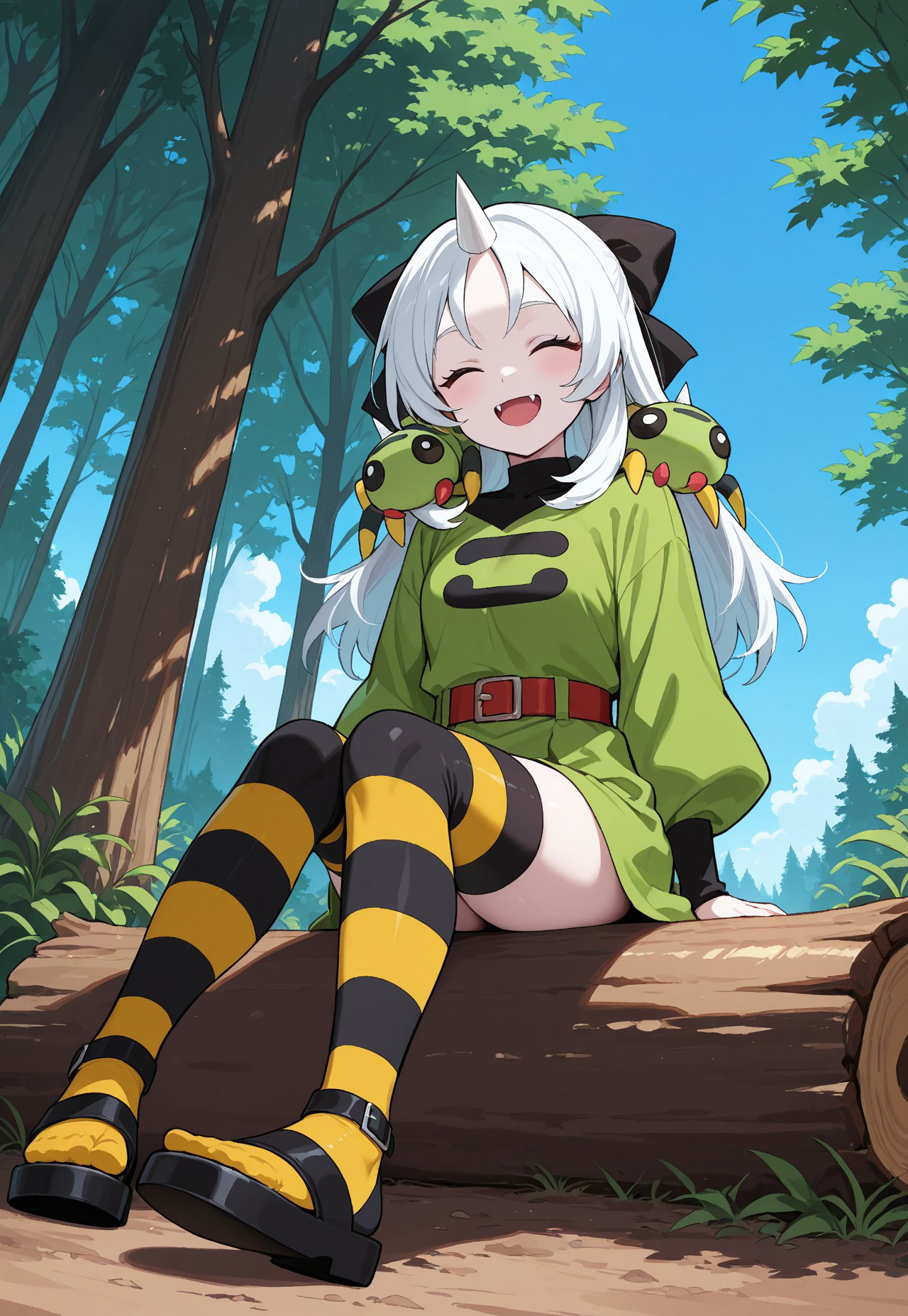 masterpiece, best quality, amazing quality, very aesthetic, absurdres, 1girl with 1other, BREAK
(PKMN_Spinarak, 1girl, gijinka:1, human:1, smile, pale skin, closed eyes, white hair ribbon, green dress, black pattern, red belt, striped thighhighs, black sandals, pokemon on shoulder,) BREAK
(PKMN_Spinarak, 1other, spider, solo, black eyes, single horn, red fangs, green skin, yellow legs, black body markings,) BREAK
forest, sitting, on log, forest, blue sky, perspective,
