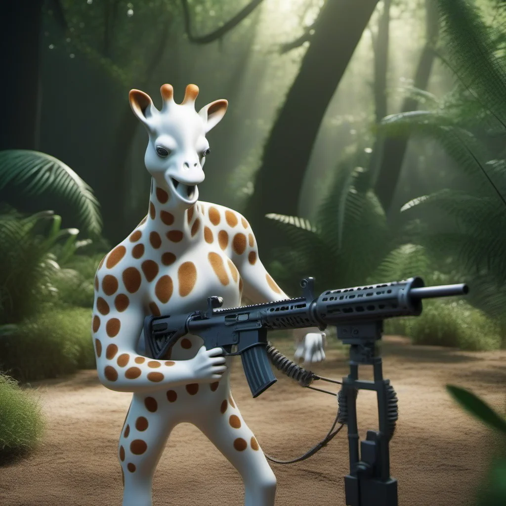professional 3d model an muscular anthropomorphic giraffe animal shots a machinegun in the jungle <lora:Sophie1024:0.8> . octane render, highly detailed, volumetric, dramatic lighting