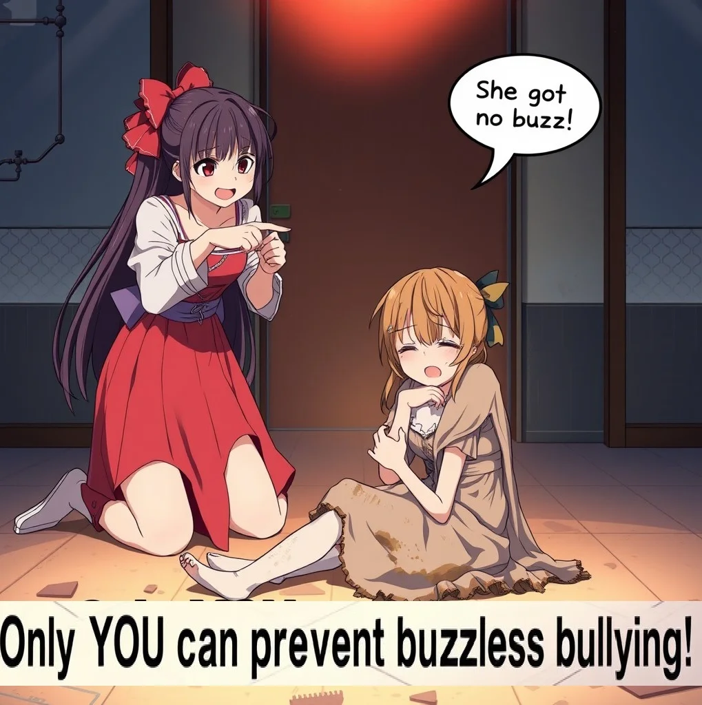 best quality, 4K,, 8k UHD, ultra-high resolution, ultra-high definition, highres, realistic, high quality anime, hyper realistic, highly intricate and detailed, absurd resolution BREAK, absurd res, 2 girls pointing and laughing at a girl, the girl being bullied is crying, the 2 girls laughing are saying "She got no buzz!" in a speech bubble. The girl being bullied is crying on the floor in fetal position, The 2 bully girls are wearing fashionable dresses, the girl being bullied is wearing dirty garbage covered sackcloth. There is a caption on the bottom of the image saying "Only YOU can prevent buzzless bullying"