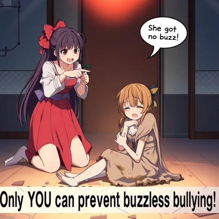 best quality, 4K,, 8k UHD, ultra-high resolution, ultra-high definition, highres, realistic, high quality anime, hyper realistic, highly intricate and detailed, absurd resolution BREAK, absurd res, 2 girls pointing and laughing at a girl, the girl being bullied is crying, the 2 girls laughing are saying "She got no buzz!" in a speech bubble. The girl being bullied is crying on the floor in fetal position, The 2 bully girls are wearing fashionable dresses, the girl being bullied is wearing dirty garbage covered sackcloth. There is a caption on the bottom of the image saying "Only YOU can prevent buzzless bullying"