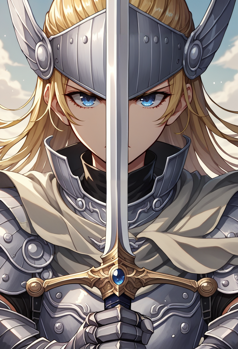 score_9, score_8_up, score_7_up, source_anime, 1girl, upper body, serious, looking at viewer, holding sword, <lora:zs_ArianrhodXL:1> arianrhodsmt, long hair, blonde hair, blue eyes, armor, gauntlets, helmet, cape, <lora:swordup-pose-richy-v1_pdxl:0.8> swordup, close-up, sky