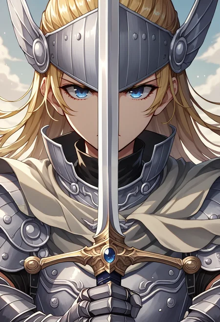 score_9, score_8_up, score_7_up, source_anime, 1girl, upper body, serious, looking at viewer, holding sword, <lora:zs_ArianrhodXL:1> arianrhodsmt, long hair, blonde hair, blue eyes, armor, gauntlets, helmet, cape, <lora:swordup-pose-richy-v1_pdxl:0.8> swordup, close-up, sky