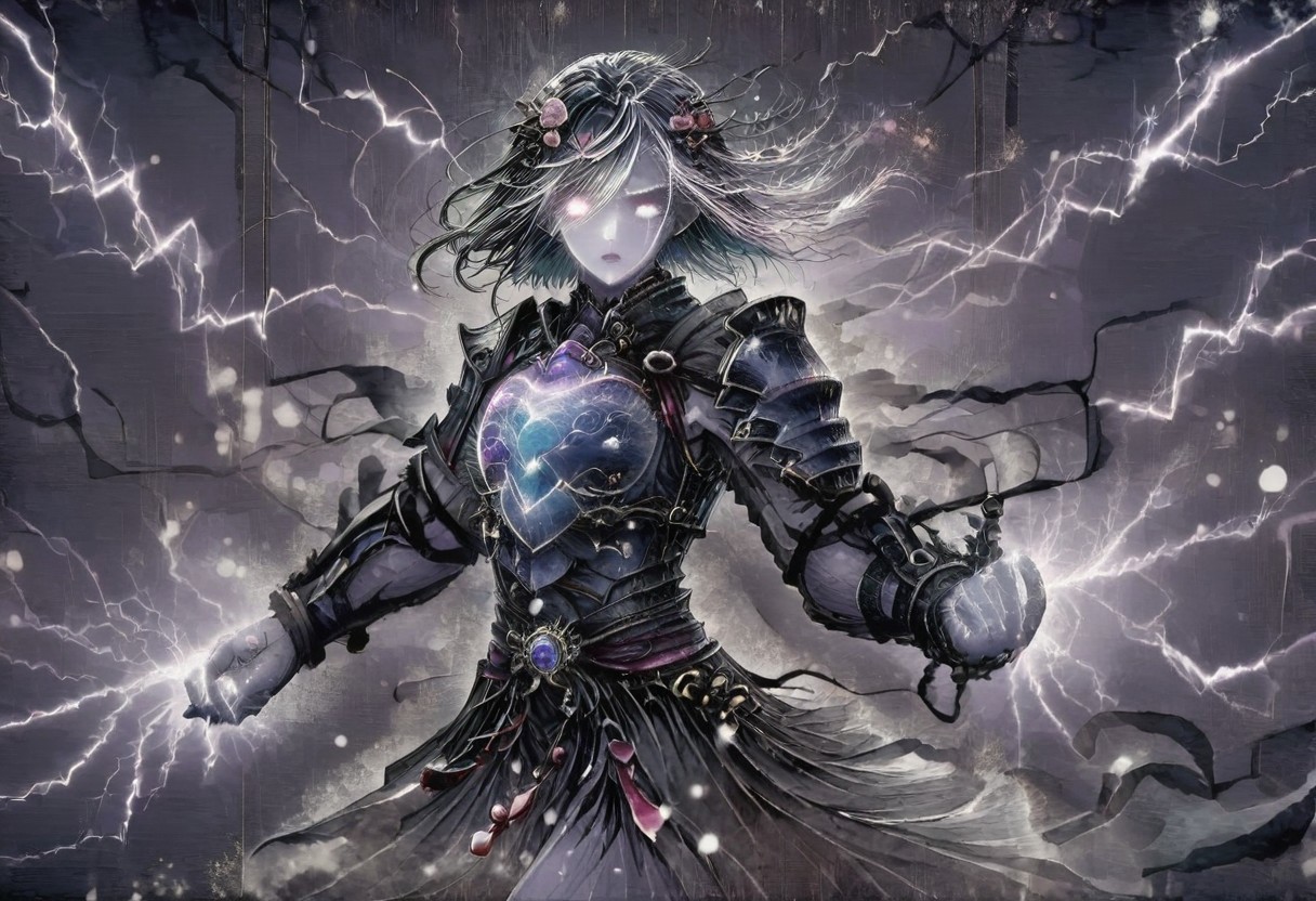 (Masterpiece:1.3), (best quality:1.2), (detailed background:1.1), (intricate details:1.1), (detailed background:1.2), 1girl, solo focus, standing, perfect anatomy, 
bleakfaith,
source_anime, night sky, dark cloud background, sky background, thunder on background, only purple lightning, purple sparks,
BREAK
watercolor, chinese,traditional,
BREAK
(purple hair:1.2),(pale skin:1.3), (purple skin:1.5),1girl,solo, mysterious, vivid color, shiny, (short purple hair), bob cut hair, purple eyes,glowing purple pupils, human ears, sparks from one eye,
laugh arrogantly,
BREAK
Clothes(dark suit,armor, lion chest plate), lightning, dark purple thunder, chinese style, 
spraks in hand,
BREAK
looking at the viewer, front view, full view,
best quality, ultra-detailed, absurdres, detail face, best quality, hires textures, high detail, (4k),incredibly detailed
NegativeDynamics,