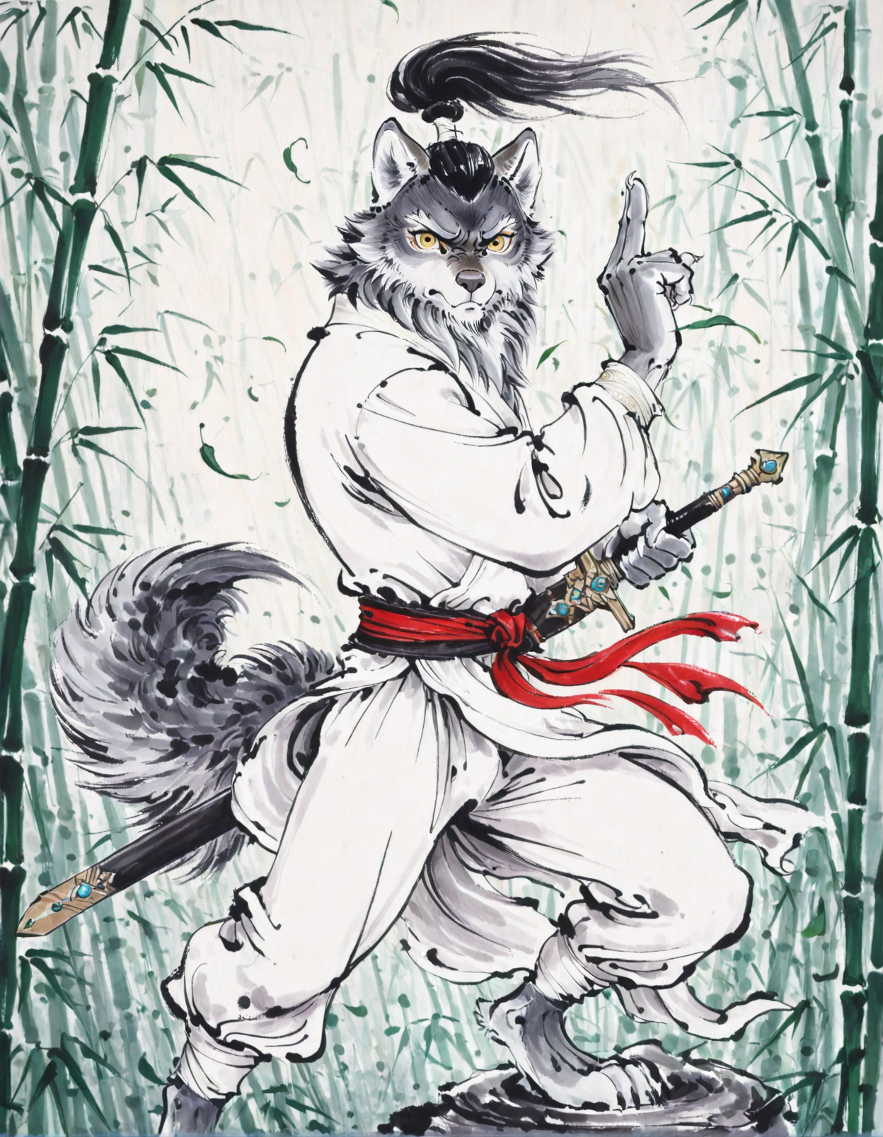 traditional ink wash, style-d, wolf, anthro, solo, athletic male, grey fur, white countershading,  yellow eyes, bamboo, holding sword, white chinese shirt, white pants, pose, determined, detailed background, scabbard, full-length portrait, hand gesture, wind, leaf, casting spell, high ponytail,
<lora:PseudoInkWash_1.22-vpred-r:1>
