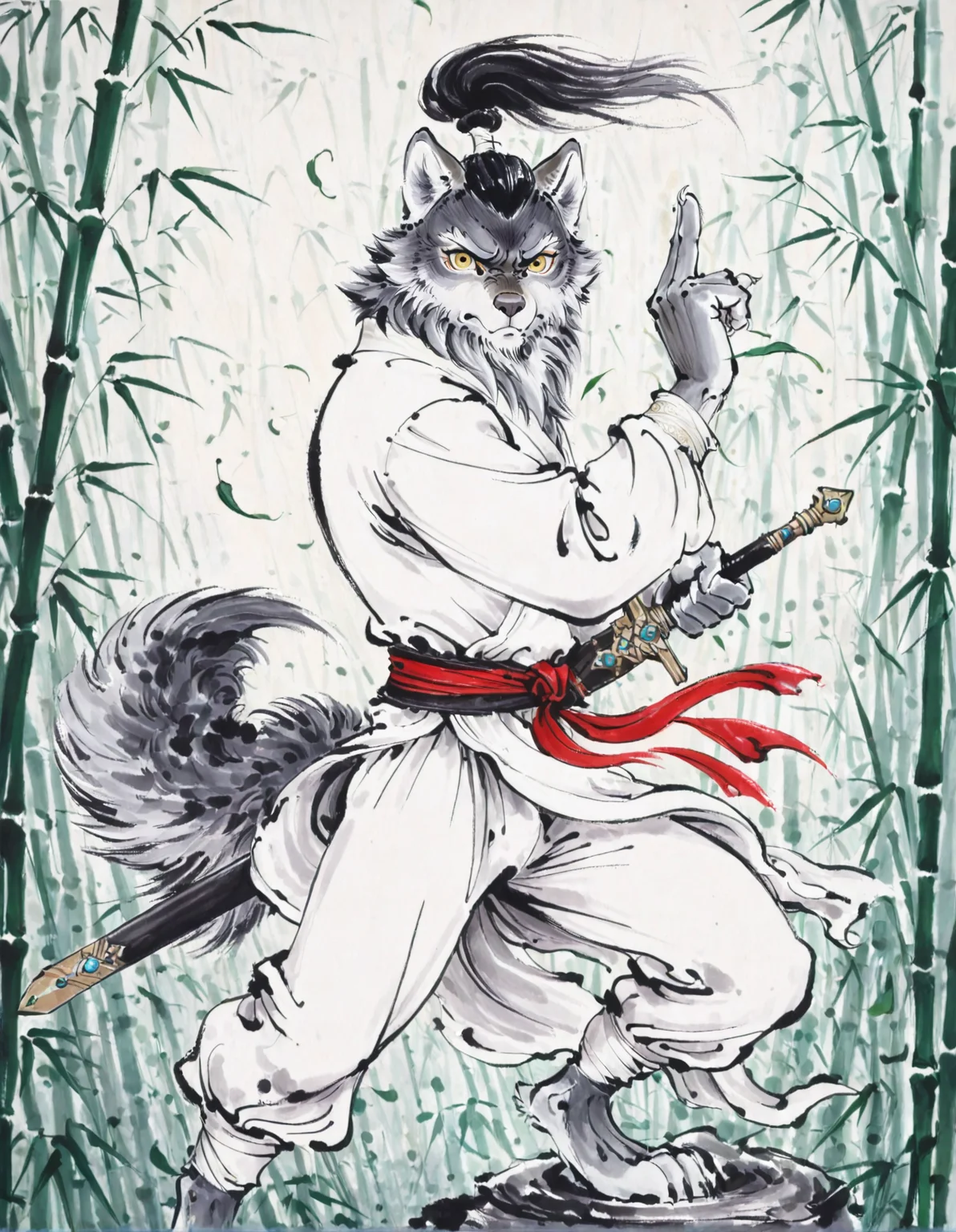traditional ink wash, style-d, wolf, anthro, solo, athletic male, grey fur, white countershading, yellow eyes, bamboo, holding sword, white chinese shirt, white pants, pose, determined, detailed background, scabbard, full-length portrait, hand gesture, wind, leaf, casting spell, high ponytail,
<lora:PseudoInkWash_1.22-vpred-r:1>