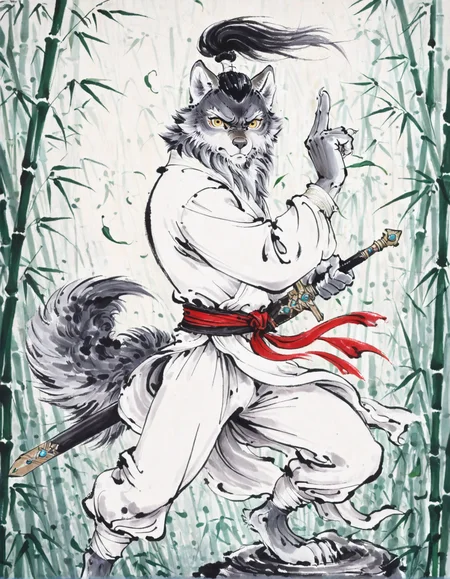 traditional ink wash, style-d, wolf, anthro, solo, athletic male, grey fur, white countershading, yellow eyes, bamboo, holding sword, white chinese shirt, white pants, pose, determined, detailed background, scabbard, full-length portrait, hand gesture, wind, leaf, casting spell, high ponytail,
<lora:PseudoInkWash_1.22-vpred-r:1>