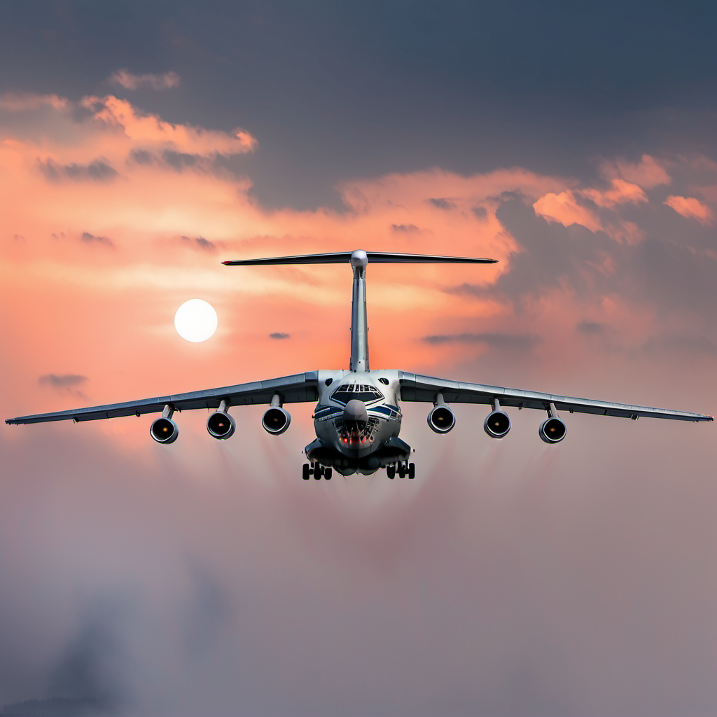 a photo of flying il_76 in sky, sunset <lora:il_76_2_SDXL:1>