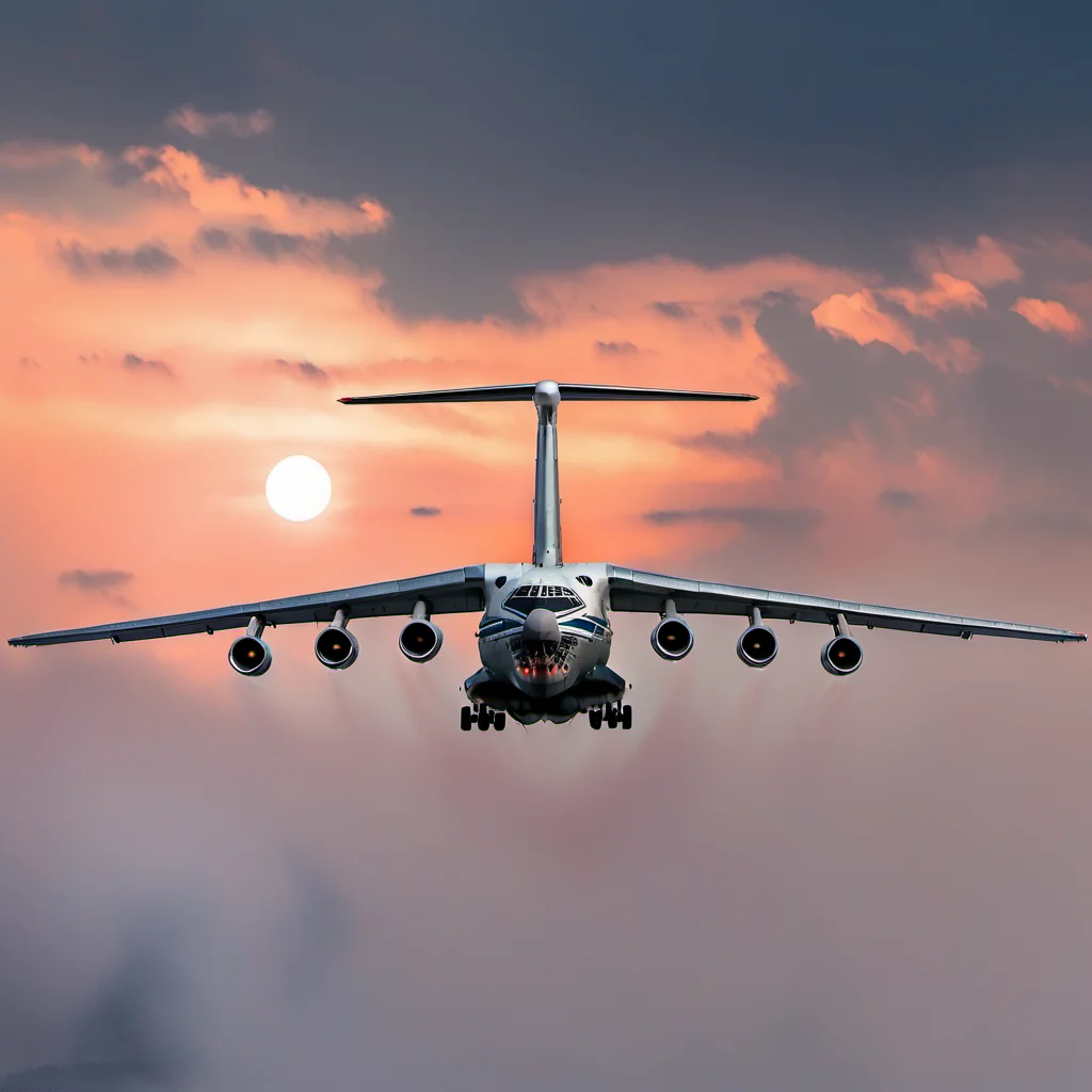 a photo of flying il_76 in sky, sunset <lora:il_76_2_SDXL:1>