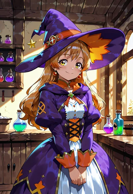 lazypos, character focused, cute witch girl, large witch hat, puffy dress, cozy kitchen, magical decor, plush toys, potion bottles, fantasy shelves, warm sunlight, golden morning, playful smile, soft lighting, wooden furniture, cottagecore vibe, magical details, colorful glassware, storybook style, enchanted room, whimsical scene, dreamy atmosphere, shexystyle