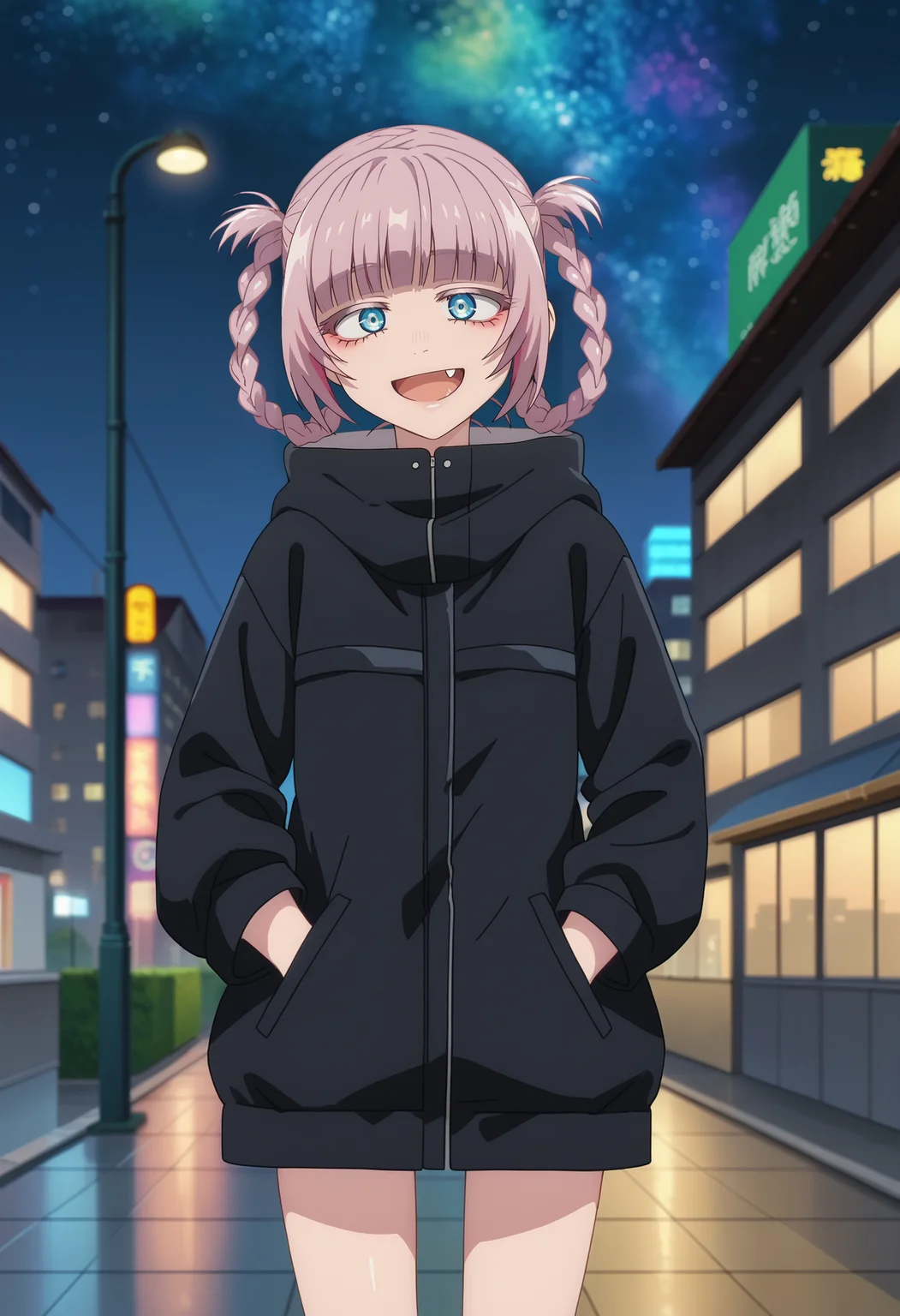 score_7_up, anime screencap,
<lora:YofukashiNoUta_NanakusaNazunaXL:0.8>, NanakusaNazuna,
1girl, solo, open mouth, smile,
pink hair, short hair, braid, hair rings, blue eyes, fang,
NanakusaJacket, black jacket, hood,
looking at viewer, cowboy shot, hand in pocket, thigh gap,
blurry background, outdoors, city, night, starry sky