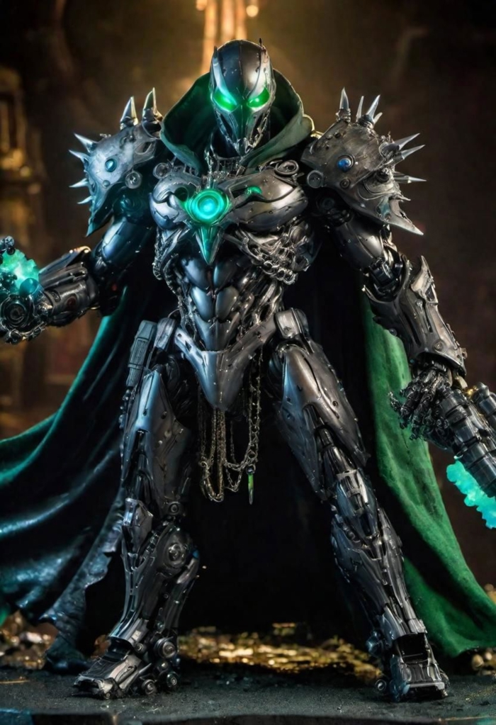 a photograph of spawn, balanced composition, made of black goo, (weathered patina:1.2), black costume, animated green cape made of liquid, "M" on chest, scary green glowing eyes, chains, moody lighting, cinematic, complex robot, biomechanical, hyper detailed, (holding a huge plasma cannon weapon with a glowing blue charged barrel), (holding), (behind him stand a loyal row of his mighty mech warriors they are ready and wanting battle to commence), (huge erupting explosions in the background, nucular mushroom bomb cloud in far distance), cinematic explosion style, <lora:compb0t:0.5> <lora:Spawn:0.8> comprobo