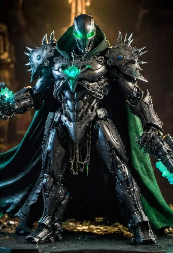 a photograph of spawn, balanced composition, made of black goo, (weathered patina:1.2), black costume, animated green cape made of liquid, "M" on chest, scary green glowing eyes, chains, moody lighting, cinematic, complex robot, biomechanical, hyper detailed, (holding a huge plasma cannon weapon with a glowing blue charged barrel), (holding), (behind him stand a loyal row of his mighty mech warriors they are ready and wanting battle to commence), (huge erupting explosions in the background, nucular mushroom bomb cloud in far distance), cinematic explosion style, <lora:compb0t:0.5> <lora:Spawn:0.8> comprobo