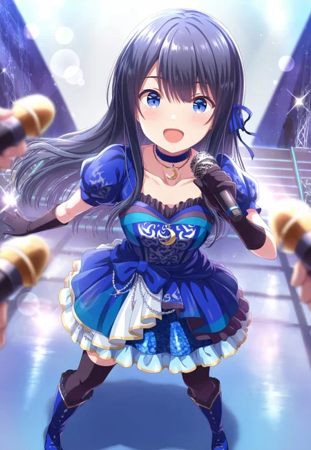 masterpiece, best quality,amazing quality,(source_anime),(anime coloring),(1boy), solo,(depth of field),(solo focus),8K,HDR,(ultra high res),(highres),(full body),(lens flare),smile,smiles,blush,(open mouth),(Nagase Kotono),bangs,(black hair),(long hair),(straight hair),(blue eyes),(hair between eyes),(hair ribbon),(collarbone),(necklace),(blue choker),(crescent choker),(pendant choker),(black gloves),(elbow gloves),(idol costume),(puffy short sleeves),(blue dress),(layered skirt),(black thighhighs),(blue footwear),(boots),(standing),(holding microphone),