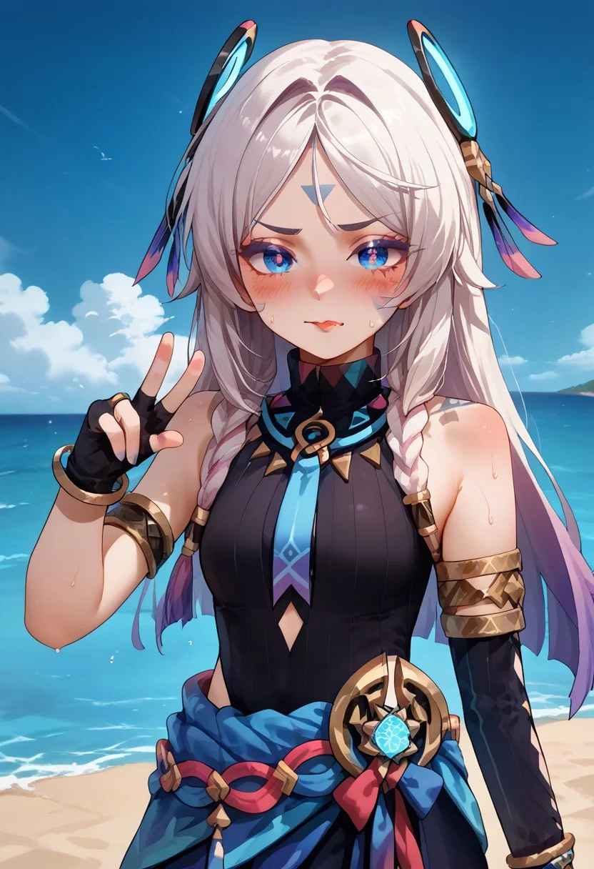 score_9, score_8_up, score_7_up, best quality, masterpiece, ultra detailed, blush, closed mouth, looking at viewer, peace hand sing, standing, 1girl, blue eyes, fingerless gloves, armlet, facial mark, bracers, skirt, ring hair ornament, turtleneck leotard, leg tatoo, sandals, perfect body, fair skin, sexy face, thin eyebrows, half-closed eyes, tongue out, mascara, excited, sweating, slender legs, looking over shoulder, beach background, amazing background,