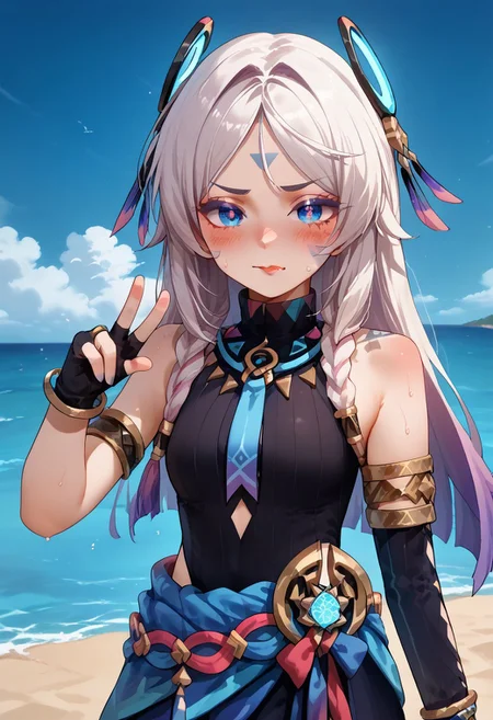 score_9, score_8_up, score_7_up, best quality, masterpiece, ultra detailed, blush, closed mouth, looking at viewer, peace hand sing, standing, 1girl, blue eyes, fingerless gloves, armlet, facial mark, bracers, skirt, ring hair ornament, turtleneck leotard, leg tatoo, sandals, perfect body, fair skin, sexy face, thin eyebrows, half-closed eyes, tongue out, mascara, excited, sweating, slender legs, looking over shoulder, beach background, amazing background,