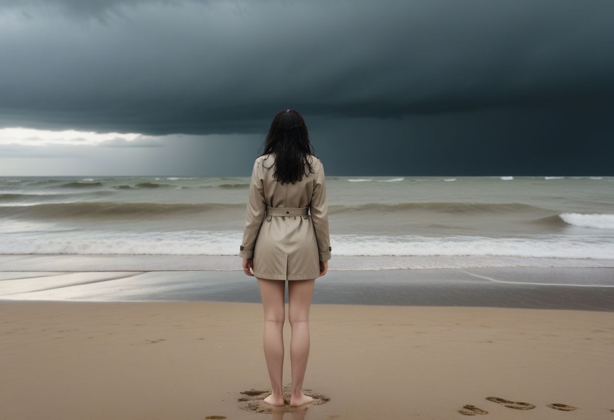 ultra realistic, masterpiece, nikon z9, photo of a beautiful, 21-year-old-woman, thin, slender, long_legs, waving black hair, standing on the beach, barefoot, beach strand in the rain, a grey ocean in the background, dark skies, cloudy and raining, long grey trenchcoat, (sideview, view from behind) (2000s vintage RAW photo), candid camera, color graded cinematic, atmospheric lighting, skin pores