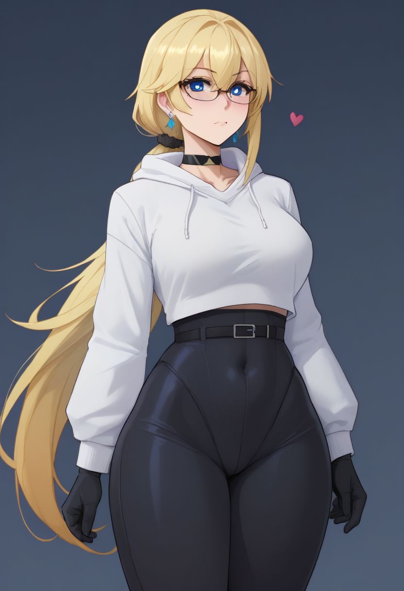 (score_9,score_8_up,score_7_up), 1girl, blue eyes, collarbone, large breasts, long hair, blonde - red hair, choker, Expressiveh, ((solo focus)),   long hair, low ponytail, very long hair, narrow waist, ponytail, blue eyes, blonde hair, gradient hair, hair scrunchie, solo focus, blush, 
masterpiece, absurd,raytracing
 black bodysuit,  black gloves, bodysuit, breasts, covered navel, cropped hoodie, dangle earrings, earrings, gloves,  hair behind ear ,  hair between eyes, hood,  hoodie,  jewelry, medium breasts,  white hoodie, chest belt,  heart shaped pupils, heart shaped eyes, embarrassed , lineart, 18 years old, megane, glasses,  standing,   
(lineart, line art, flat color, flat colors)