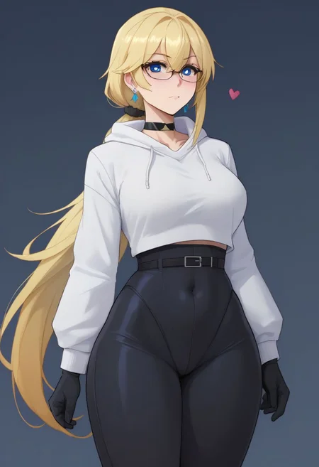 (score_9,score_8_up,score_7_up), 1girl, blue eyes, collarbone, large breasts, long hair, blonde - red hair, choker, Expressiveh, ((solo focus)), long hair, low ponytail, very long hair, narrow waist, ponytail, blue eyes, blonde hair, gradient hair, hair scrunchie, solo focus, blush,
masterpiece, absurd,raytracing
black bodysuit, black gloves, bodysuit, breasts, covered navel, cropped hoodie, dangle earrings, earrings, gloves, hair behind ear , hair between eyes, hood, hoodie, jewelry, medium breasts, white hoodie, chest belt, heart shaped pupils, heart shaped eyes, embarrassed , lineart, 18 years old, megane, glasses, standing,
(lineart, line art, flat color, flat colors)