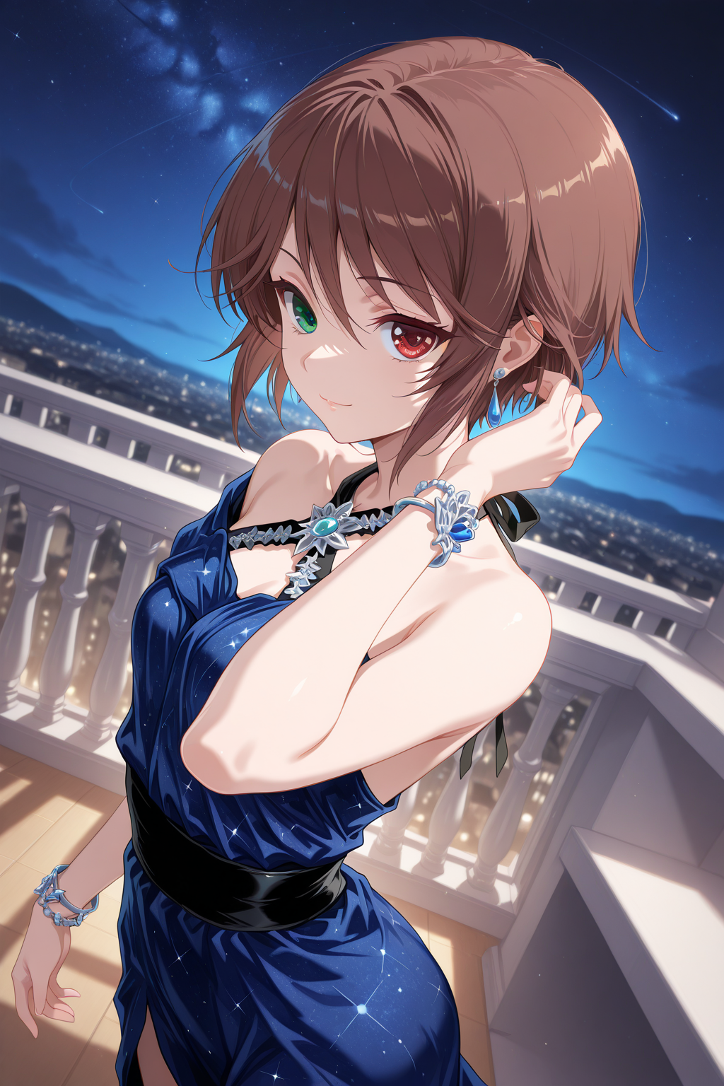 1girl,
SouseisekiRozenMaiden, Nebulas_Embrace_Dress,
general, solo, perspective, dutch angle, from side, upper body,
brown hair, short hair, heterochromia,
dress, blue dress, starry sky print, evening gown, halterneck, jewelry, gem, blue gemstone, bare shoulders, single bare shoulder, asymmetrical sleeves, bare arms, side slit, bracelet, earrings,
bare legs, 
looking at viewer, adjusting hair, light smile,
night, balcony,
depth of field,
<lora:kp_SouseisekiRozenMaidenIllustrious_v1_0:1.0>,
<lora:Nebulas_Embrace_Dress-10:1.0>,
masterpiece, best quality, amazing quality
