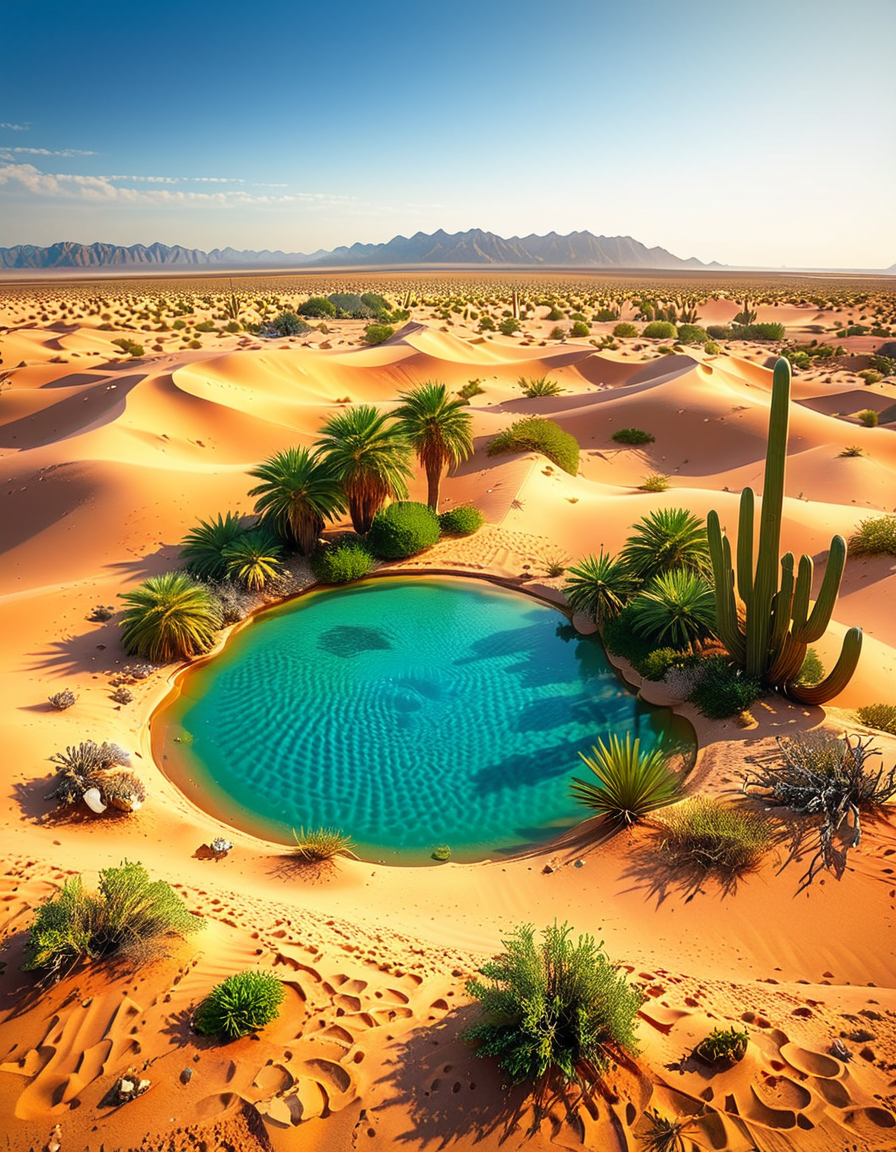A serene oasis in the middle of an expansive golden desert, surrounded by rolling sand dunes under a vibrant blue sky. The oasis features a small, crystal-clear lagoon with calm, reflective water, bordered by lush green palm trees and colorful tropical plants. The scene is bathed in warm sunlight, with soft golden light illuminating the sand and creating subtle shadows among the dunes. In the background, faint silhouettes of distant mountains blend into the horizon. A few wisps of white clouds drift lazily in the sky, adding depth and texture to the composition. The overall atmosphere is peaceful and tranquil, evoking a sense of calm and wonder in the harsh desert landscape.<lora:SDXLFaeTastic2400:0.4> <lora:extremely_detailed:0.4> extremely detailed, <lora:O4s1s:1>,O4s1s, Masterpiece,best quality,hi res,8k,hi res,8k,award winning,(sharp focus, intricate, highly detailed),