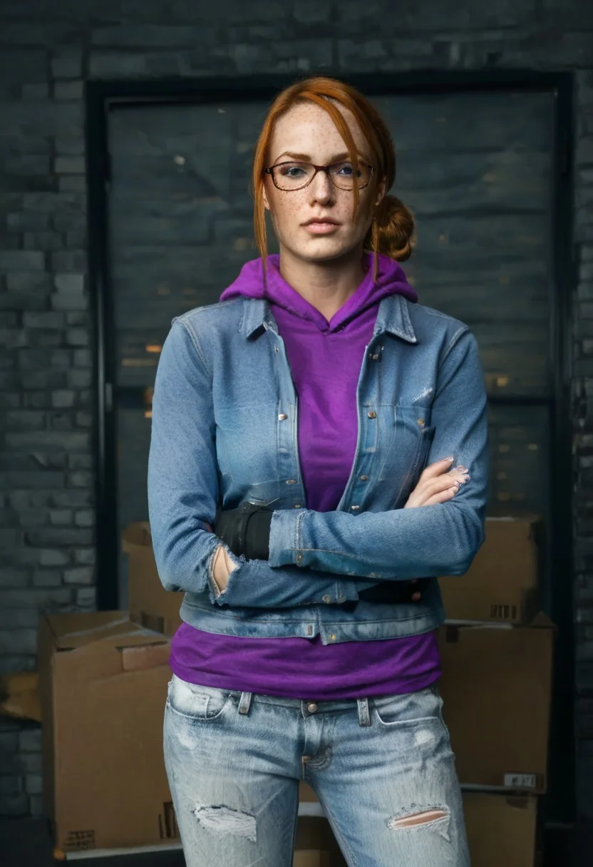 score_9, score_8, score_7_up, highres. masterpiece, highly detailed, realistic 
SR_KinzieKensington, 1girl, brown hair, orange hair,, short hair, bangs, single hair bun, hair bun, blue eyes, glasses, black-framed eyewear, denim jacket, blue jacket, open clothes, open jacket, jacket, purple hoodie, purple shirt,, hoodie, hood down, hood, long sleeves, denim, pants, jeans, torn pants, torn clothes, gloves, fingerless gloves, freckles, face freckles, body freckles
alleyway, crossed arms, looking at viewer, standing, solo, upper body, face focus
<lora:RealisticSkinv2_ponyv6_loraplus:1:start=XX> real skin, explicit photography