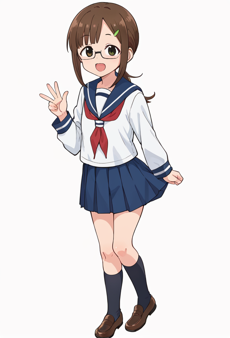 <lora:kotone:0.8> kotone, smile, serafuku, looking at viewer, smile,  open mouth, simple background, white background, full body, standing, black socks, brown shoes, low ponytail, glasses, blue skirt,