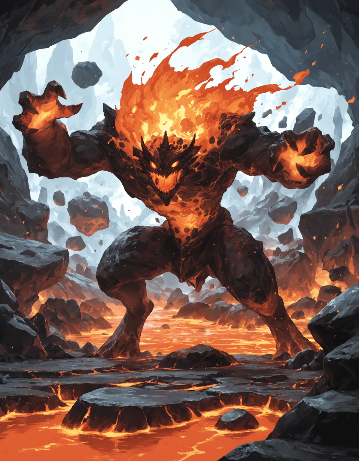 score_9, score_8_up, score_7_up, source_anime, no humans, molten rock, fantasy, rock, elemental \(creature\), floating rock, lava, steam, fireball, boss fight,