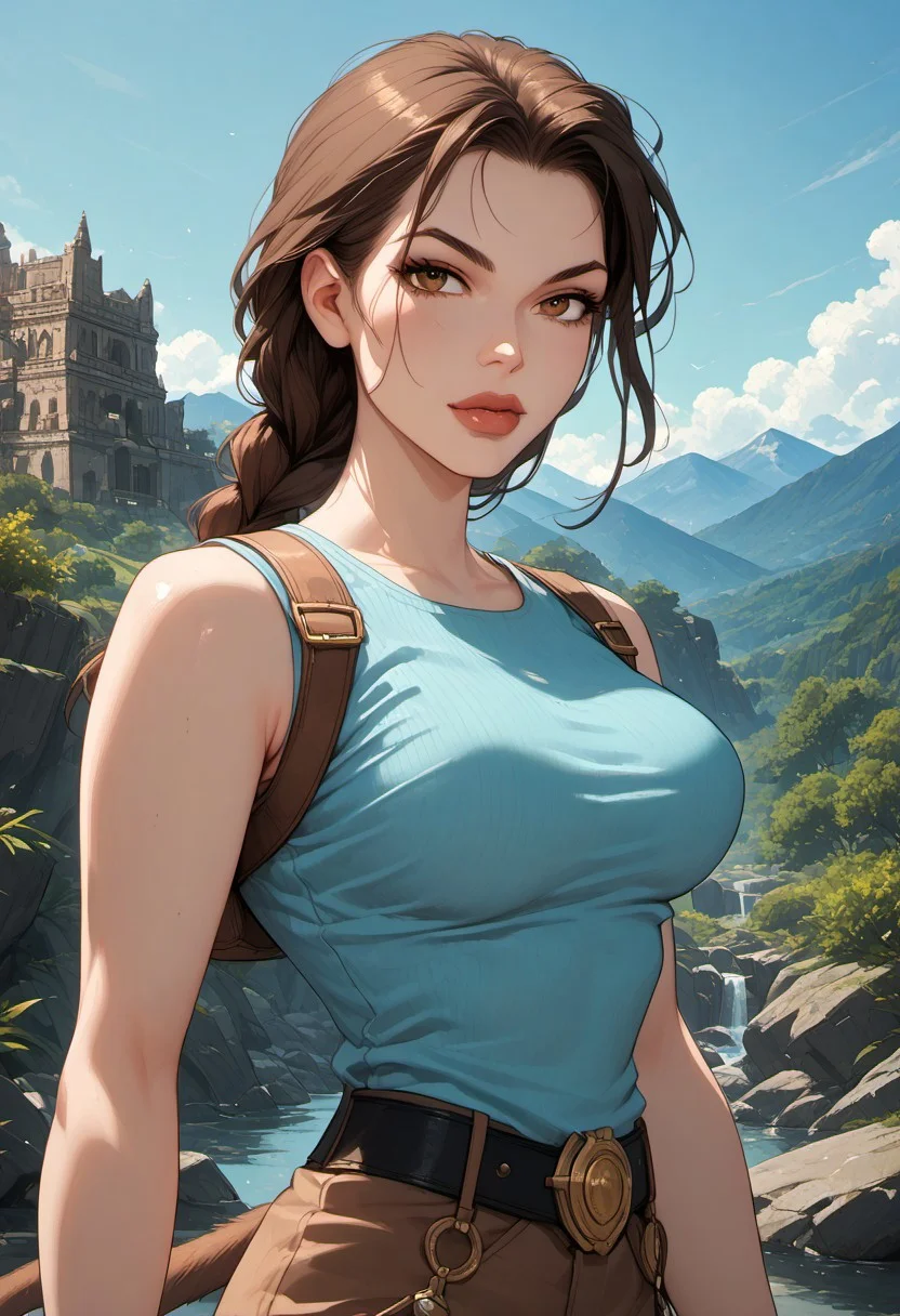 ((zPDXL3)), score_9, score_8_up, score_8, (sexy:2.5), Fantasy, perfecteyes, ultra detailed, high resolution, high quality, masterpiece, intricate details, intricate body, intricate landscape, knva, Expressiveh, European Instagram Model, upper body shot, low light, temple, mountaintop temple,
BREAK
Character: 1girl, solo, source_cartoon, mature female, TRLCLAS, brown hair, brown eyes, single braid, lips, teal tanktop, large breasts, sleeveless, shoulder strap, brown shorts, thigh holster,
Character Pose: confident stance, cocked hip, cowboy shot, beautiful, full lips, looking at viewer, closed mouth,
<lora:4th_tail_v0.3_lora_extract_l:0.60>
