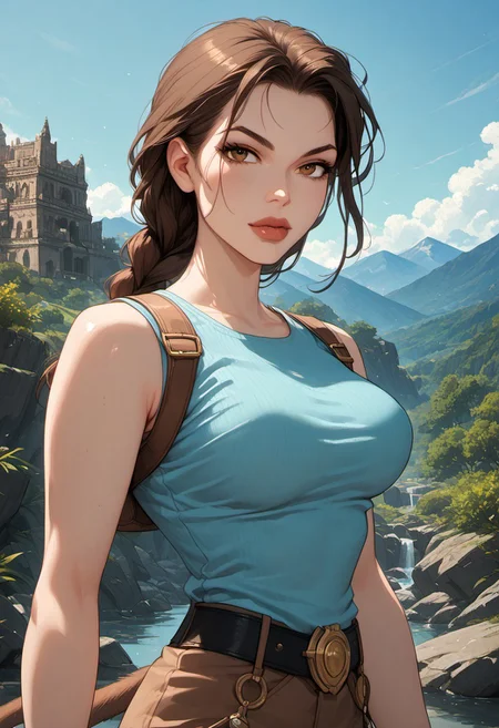 ((zPDXL3)), score_9, score_8_up, score_8, (sexy:2.5), Fantasy, perfecteyes, ultra detailed, high resolution, high quality, masterpiece, intricate details, intricate body, intricate landscape, knva, Expressiveh, European Instagram Model, upper body shot, low light, temple, mountaintop temple,
BREAK
Character: 1girl, solo, source_cartoon, mature female, TRLCLAS, brown hair, brown eyes, single braid, lips, teal tanktop, large breasts, sleeveless, shoulder strap, brown shorts, thigh holster,
Character Pose: confident stance, cocked hip, cowboy shot, beautiful, full lips, looking at viewer, closed mouth,
<lora:4th_tail_v0.3_lora_extract_l:0.60>