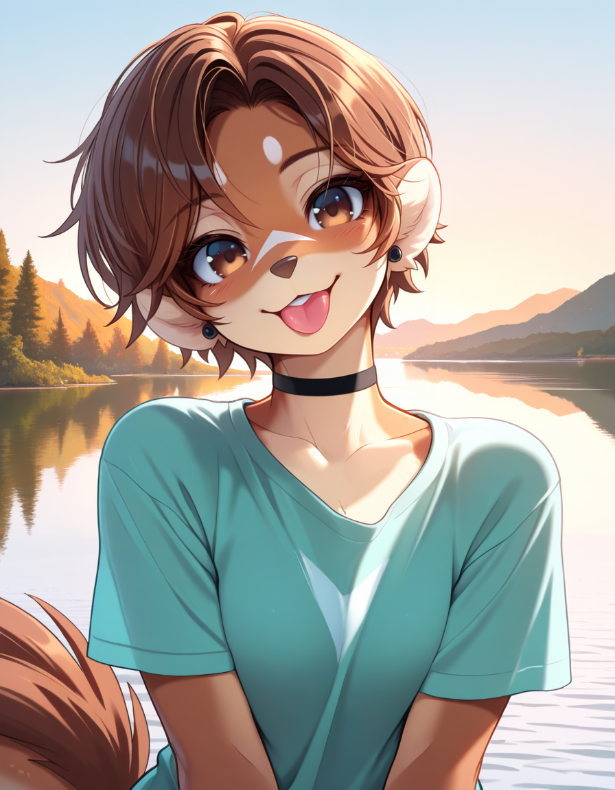 masterpiece, best quality, very aesthetic, absurdres,
outdoors, lake,
upper body, t-shirt, 
happy, head tilt, tongue out, 
<lora:Mikhaila_v01_NAIXL:1>
M1k4a11a,1girl,solo,furry,furry female,short hair,brown hair,brown eyes,animal nose,choker,body fur,brown fur, tail,
