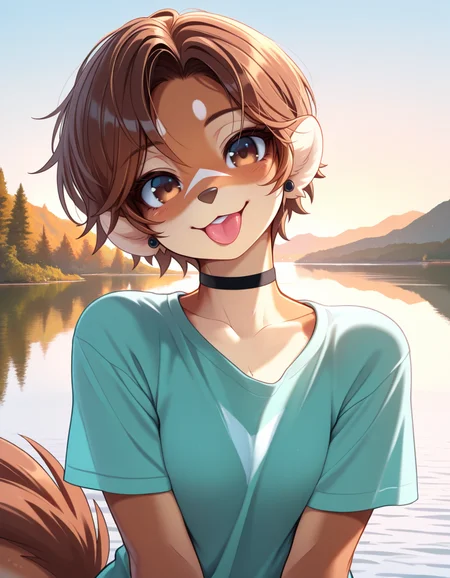 masterpiece, best quality, very aesthetic, absurdres,
outdoors, lake,
upper body, t-shirt,
happy, head tilt, tongue out,
<lora:Mikhaila_v01_NAIXL:1>
M1k4a11a,1girl,solo,furry,furry female,short hair,brown hair,brown eyes,animal nose,choker,body fur,brown fur, tail,