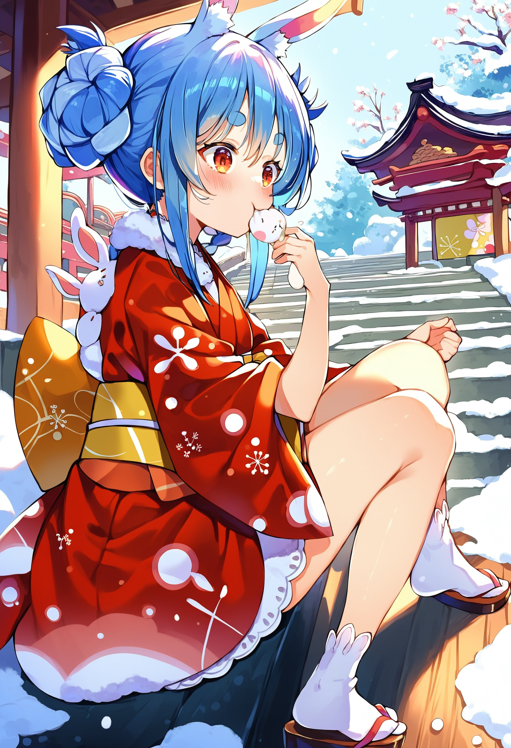 score_9, score_8_up, score_7_up, score_6_up, source anime,
usada pekora, rabbit girl, rabbit ears, animal ear fluff, rabbit tail, twin braids, thick eyebrows,
usada pekora newyear, official alternate costume, japanese clothes, red kimono, short kimono, sash, tasuki, obi, sidelocks, tabi, white socks, 
official alternate hairstyle, double bun, twin braids,
blush, full body, mochi, eating, food in mouth, ichigo daifuku,
east asian architecture, outdoors, snow, from side, sitting, stairs
<lora:usada_pekora_v1:1>